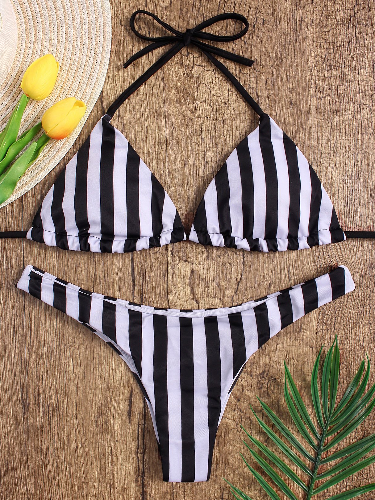Wholesale Black V-Neck Sleeveless Stripe Bodycon Two Piece Bikinis