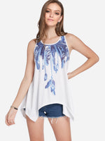 Wholesale Scoop Neck Floral Print Lace Backless Sleeveless Irregular Hem Blue Camis