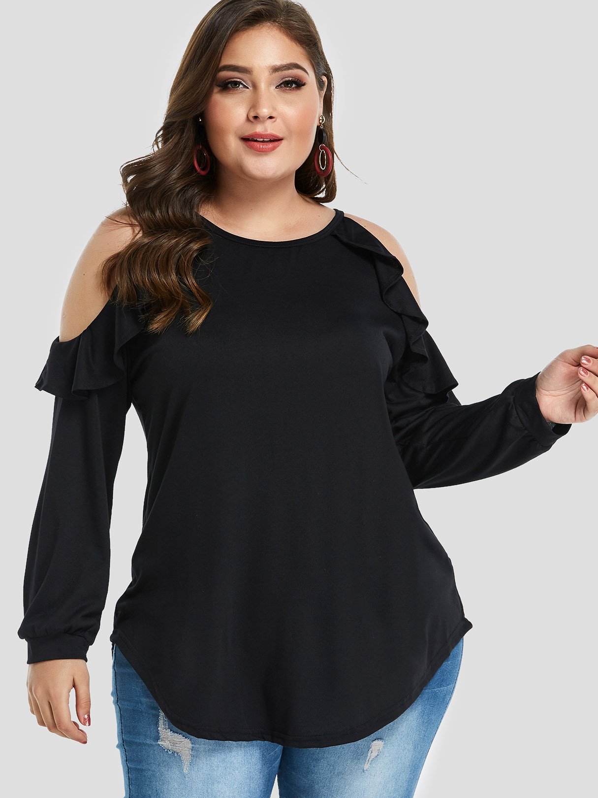 Wholesale Round Neck Cold Shoulder Plain Ruffle Trim Long Sleeve Curved Hem Plus Size Tops