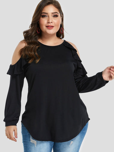 Wholesale Round Neck Cold Shoulder Plain Ruffle Trim Long Sleeve Curved Hem Plus Size Tops