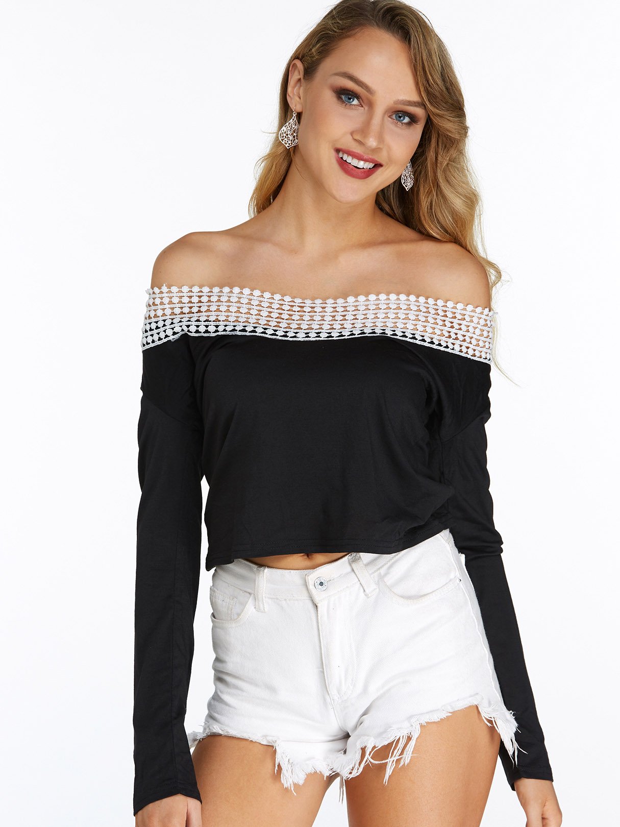Wholesale Off The Shoulder Plain Lace Long Sleeve Black T-Shirts