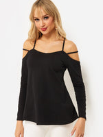Wholesale Cold Shoulder Plain Lace Lace-Up Long Sleeve Black T-Shirts