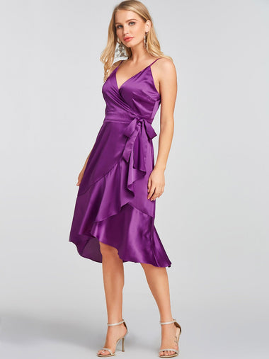 Wholesale Purple Deep V Neck Sleeveless Self-Tie Flounced Hem Dresses