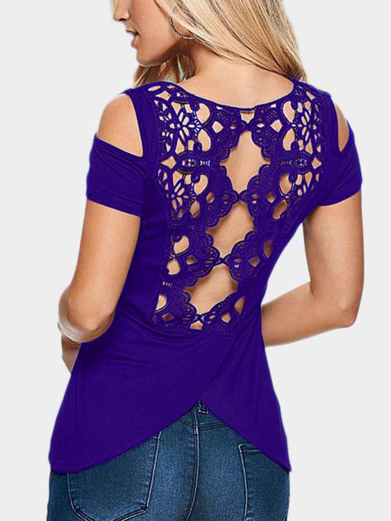 Wholesale Round Neck Cold Shoulder Lace Short Sleeve T-Shirts