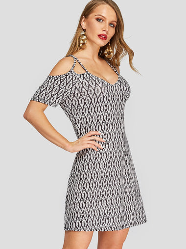 Wholesale White Cold Shoulder Short Sleeve Geometrical Mini Dresses