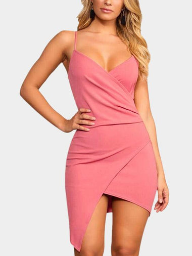 Wholesale V-Neck Crossed Front Pleated Wrap Sleeveless Irregular Hem Pink Dress