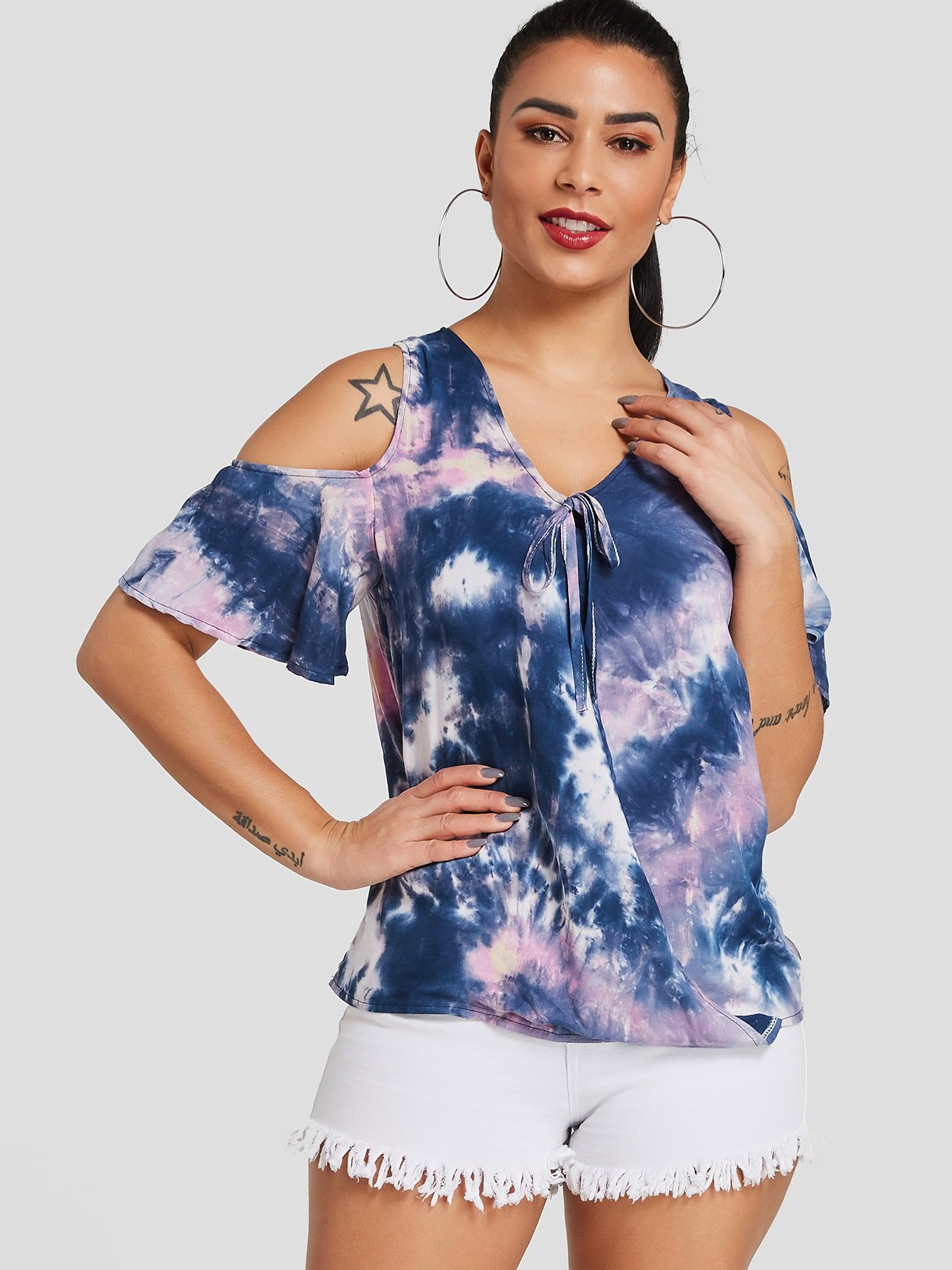 Wholesale Cold Shoulder Self-Tie Short Sleeve Blue T-Shirts