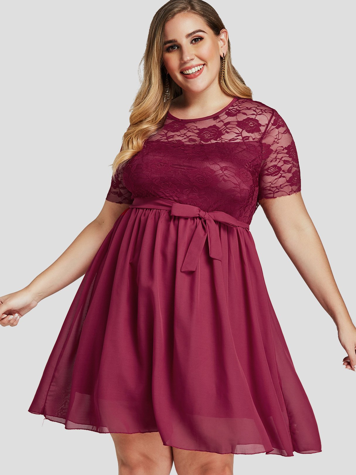Wholesale Round Neck Lace See Through Self-Tie Short Sleeve Flounced Hem Plus Size Dress