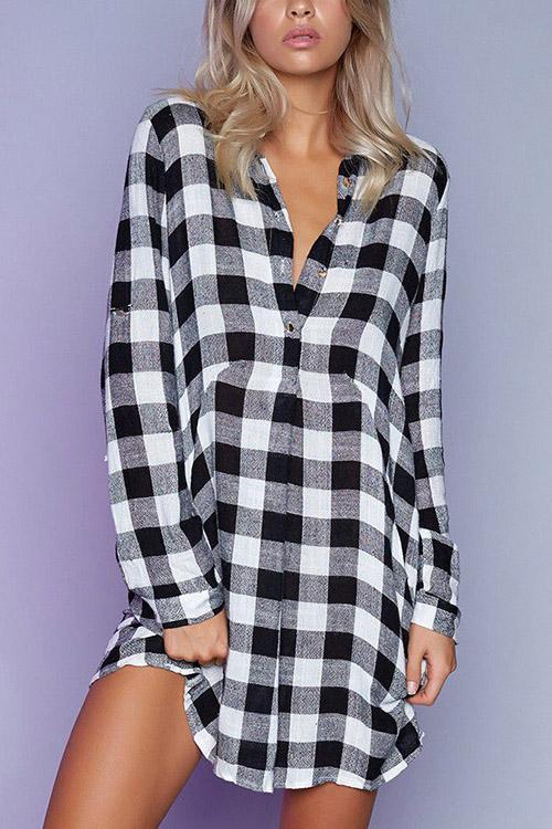 Wholesale V-Neck Long Sleeve Grid Curved Hem Shirt Dresses