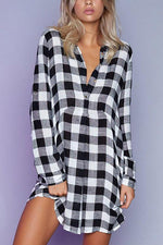 Wholesale V-Neck Long Sleeve Grid Curved Hem Shirt Dresses