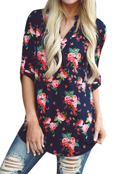 Wholesale Random Floral Print V-Neck Long Sleeves Curved Hem Blouses