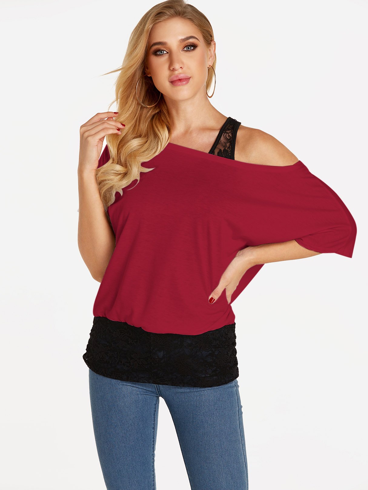 Wholesale One Shoulder Plain Lace Half Sleeve Blouses