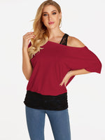 Wholesale One Shoulder Plain Lace Half Sleeve Blouses