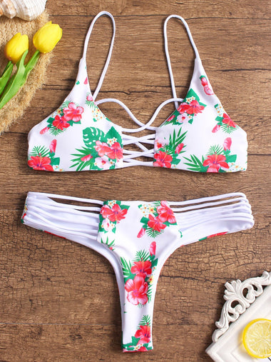 Wholesale White Sleeveless Floral Print Bikinis