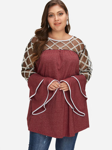 Wholesale Round Neck Plain Tiered See Through Long Sleeve Red Plus Size Tops