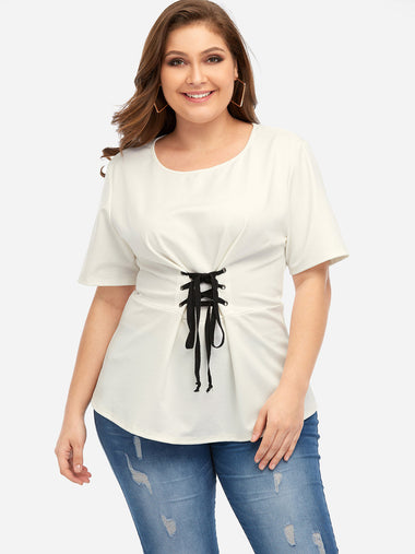 Wholesale Round Neck Lace-Up Short Sleeve Flounced Hem White Plus Size Tops
