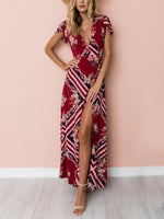 Wholesale Red Deep V-Neck Short Sleeve Floral Print Crossed Front Slit Maxi Dresses