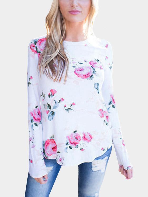 Wholesale Round Neck Floral Print Long Sleeve White T-Shirts