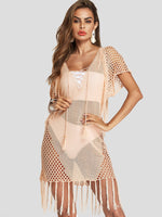Wholesale Pink V-Neck Short Sleeve Tassel Hollow Beachwear