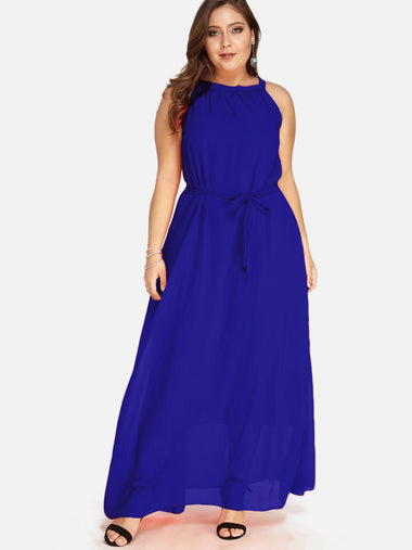Wholesale Round Neck Plain Self-Tie Sleeveless Blue Plus Size Dress