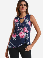 Wholesale Crew Neck Floral Print Cut Out Navy Tank Top