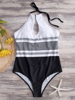 Wholesale White Halter Sleeveless Stripe Backless Hollow One-Pieces