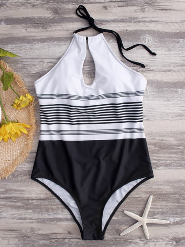 Wholesale White Halter Sleeveless Stripe Backless Hollow One-Pieces