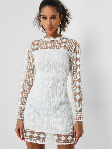 Wholesale White Long Sleeve Plain Crochet Lace Embellished Zip Back Cut Out Casual Dresses
