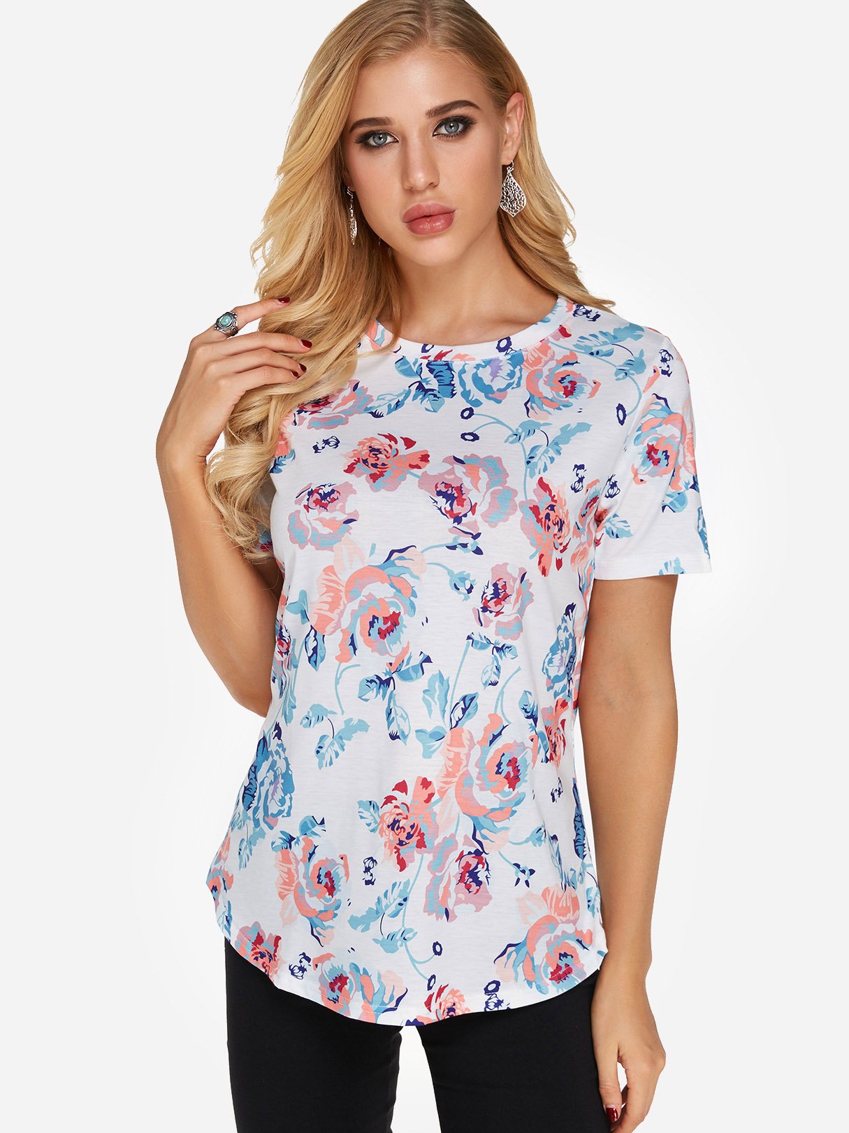 Wholesale Round Neck Floral Print Short Sleeve Fashion Tee