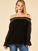 Wholesale Off The Shoulder Plain Lace Long Sleeve Black Tee