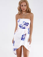 Wholesale Strapless Sleeveless Floral Print Backless Slit Hem High-Waisted Dresses