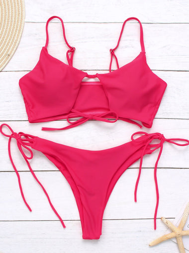 Wholesale Scoop Neck Plain Cut Out Tie-Up Sleeveless Bikini Set