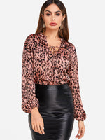 Wholesale V-Neck Leopard Self-Tie Long Sleeve Pink Blouses