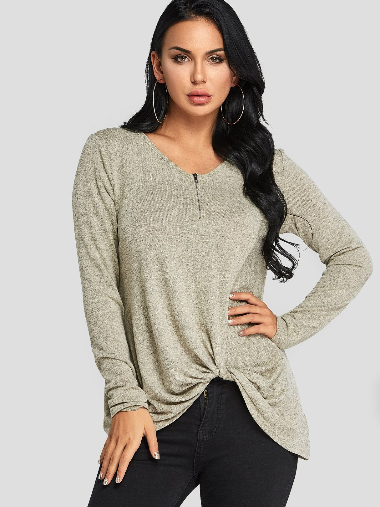 Wholesale V-Neck Plain Zip Back Long Sleeve Apricot T-Shirts