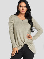 Wholesale V-Neck Plain Zip Back Long Sleeve Apricot T-Shirts