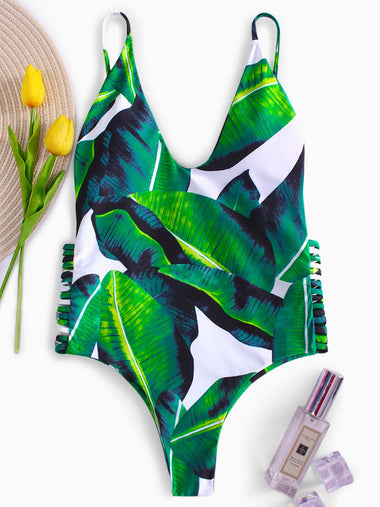 Wholesale Scoop Neck Printed Cut Out Spaghetti Strap Sleeveless One-Pieces