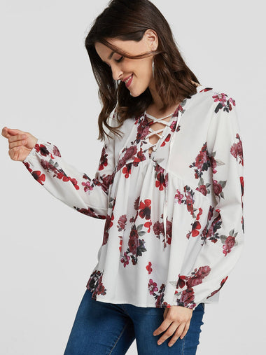 Wholesale Crossed Collar Floral Print Self-Tie Long Sleeve White Blouses