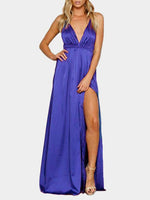 Wholesale Deep V Neck Sleeveless Backless Lace-Up Slit Hem Dresses