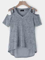 Wholesale V-Neck Cold Shoulder Cut Out Short Sleeve Grey T-Shirts