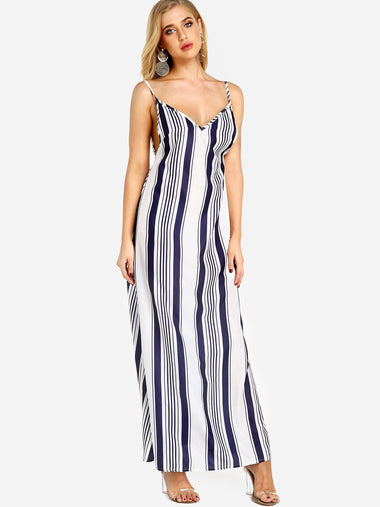Wholesale V-Neck Sleeveless Stripe Backless Spaghetti Strap Maxi Dress