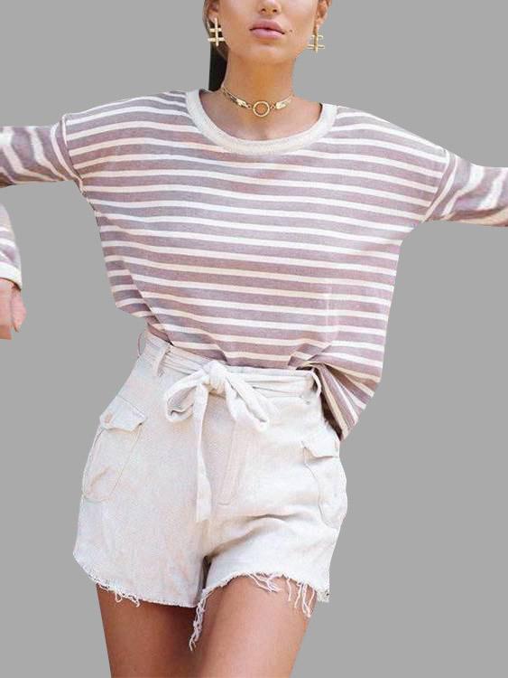 Wholesale Round Neck Stripe Long Sleeve Pink T-Shirts