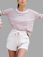 Wholesale Round Neck Stripe Long Sleeve Pink T-Shirts