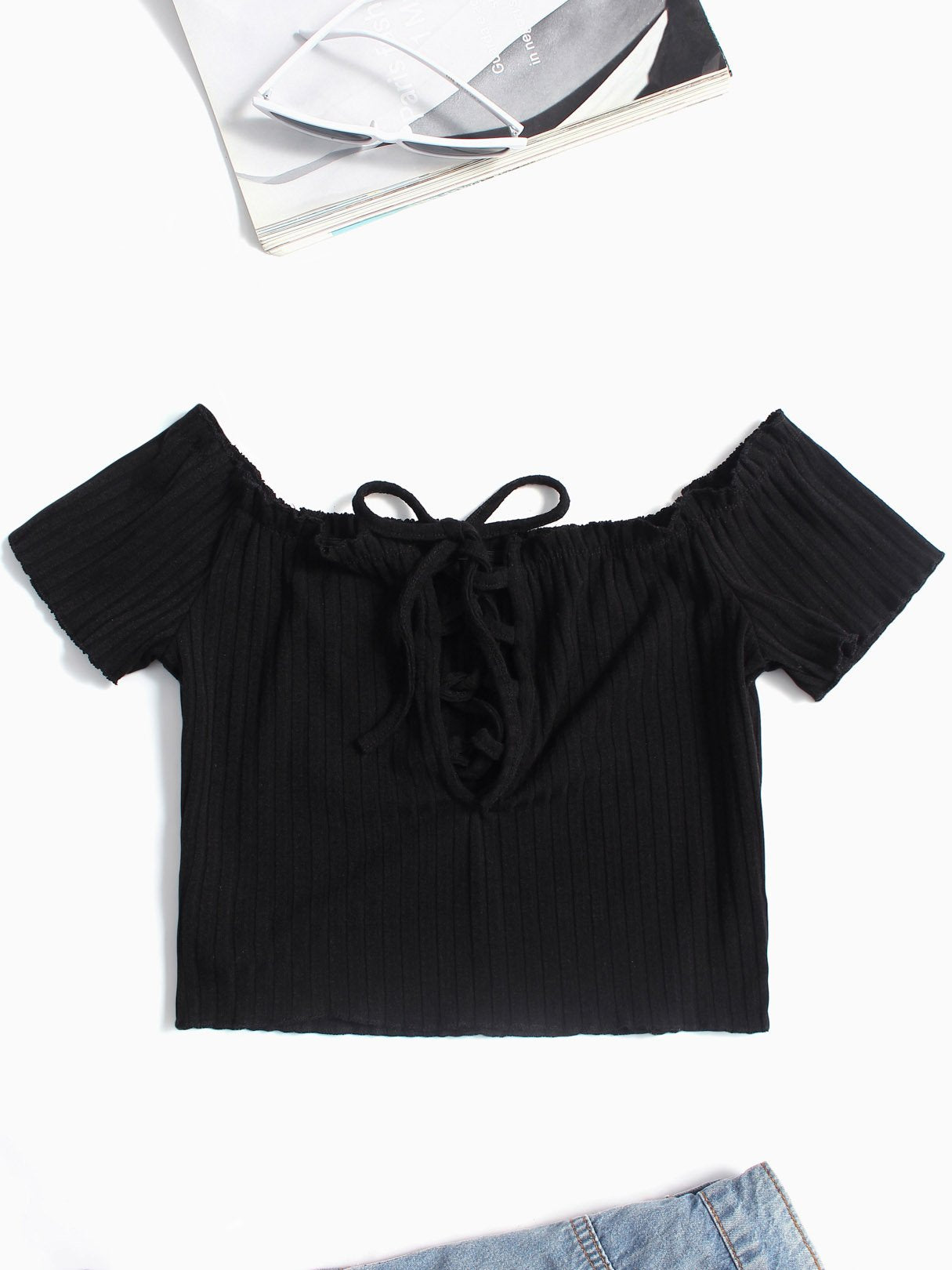 Wholesale Off The Shoulder Lace-Up Cable Knit Short Sleeve Black T-Shirts