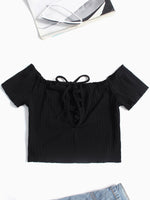 Wholesale Off The Shoulder Lace-Up Cable Knit Short Sleeve Black T-Shirts