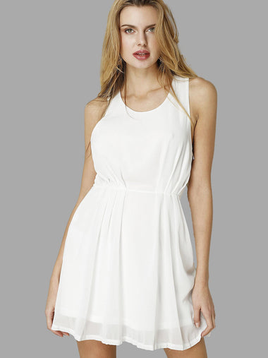 Wholesale White Round Neck Sleeveless Lace Ruffle Hem Casual Dresses