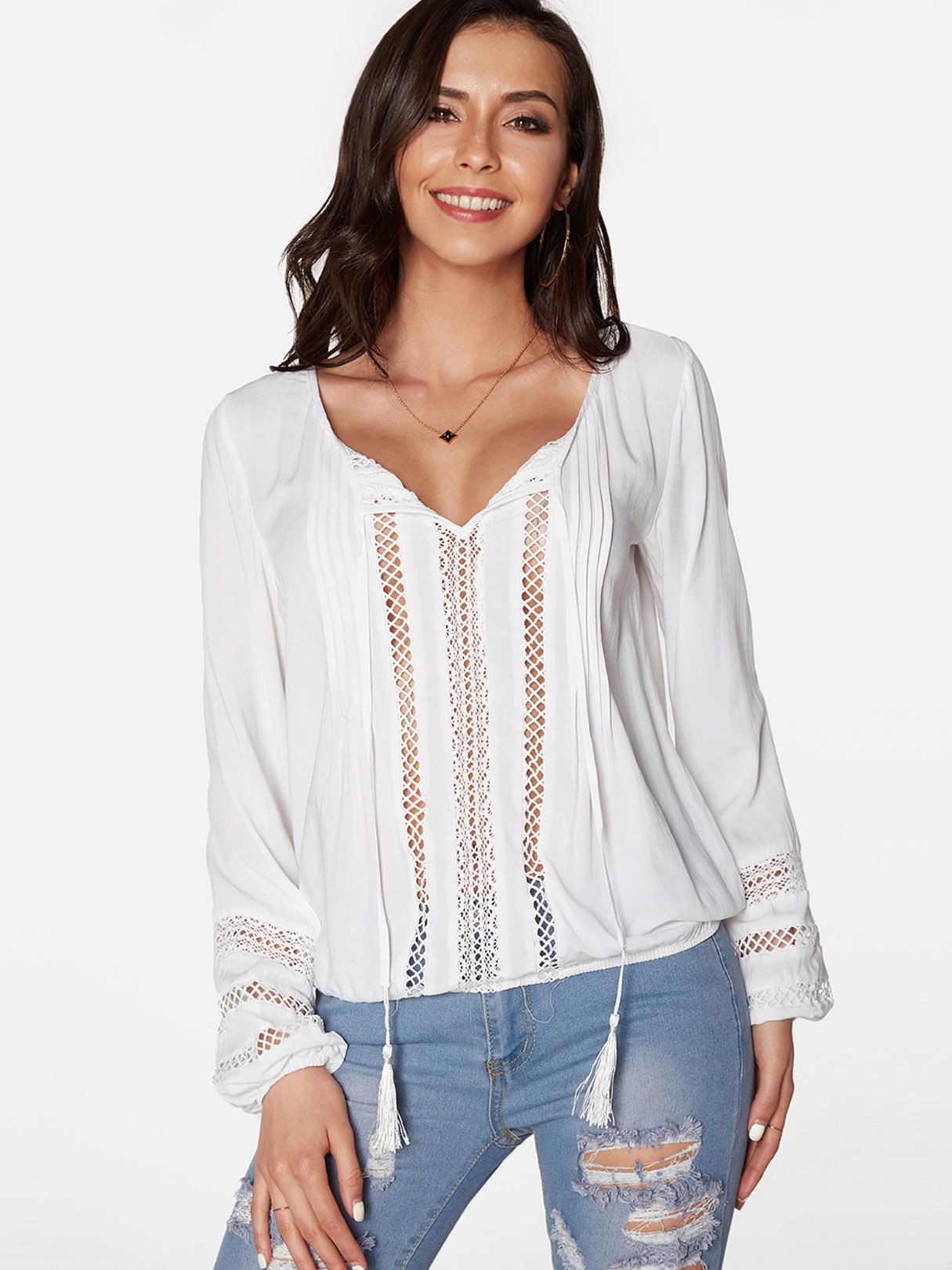 Wholesale White V-Neck Long Sleeve Hollow Blouses