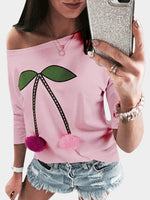 Wholesale Scoop Neck Printed 3/4 Sleeve Pink T-Shirts
