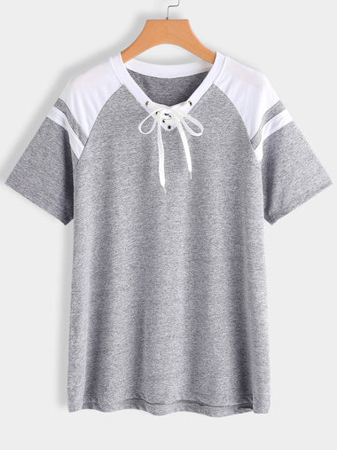 Wholesale V-Neck Lace-Up Pleated Short Sleeve Plus Size Tops