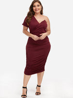 Wholesale Asymmetrical One Shoulder Plain Pleated Wrap Short Sleeve Burgundy Plus Size Dress