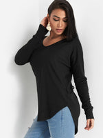 Wholesale Round Neck Plain Backless Lace-Up Long Sleeve Curved Hem Black Top
